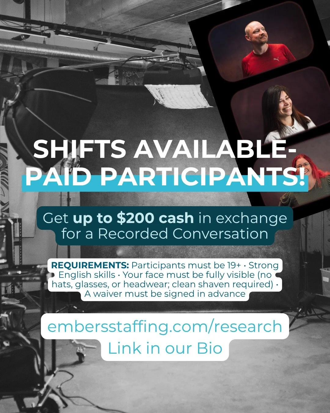 Shifts available for paid participants in Vancouver! Earn up to $200 cash for taking part in a recorded conversation.

Film Vancouver Productions is running a large-scale AI research project. Earn a $100 cash honorarium for each 4.5-hour shift (maxim
