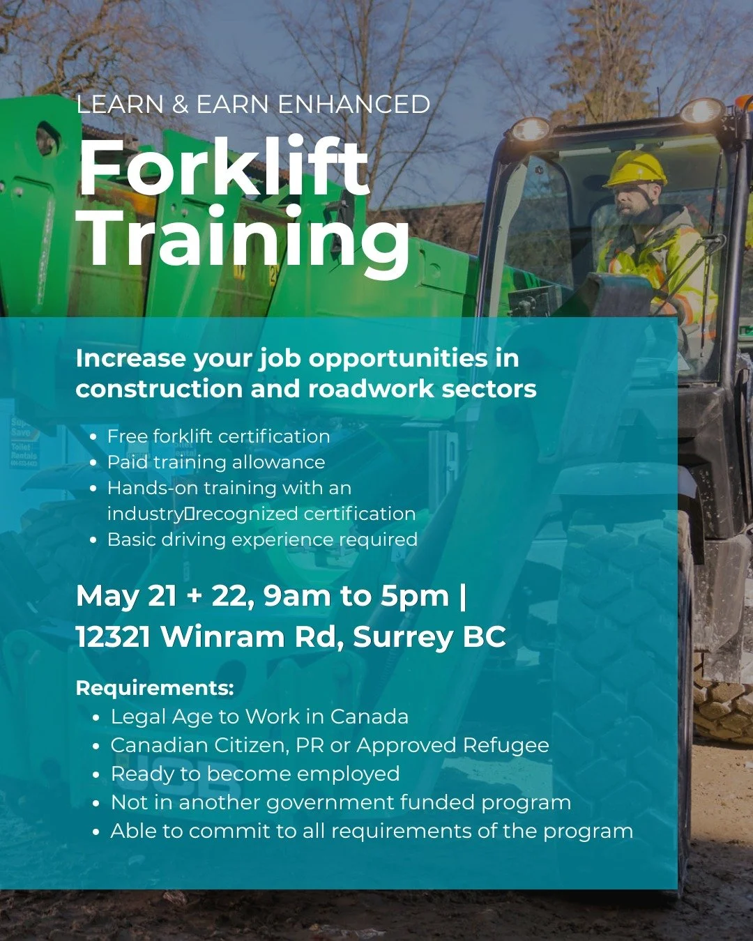 Looking to gain a new certification? Join us for forklift training on May 21 +22 in Surrey. 

✅ Free forklift certification
✅ Paid training allowance
✅ Hands-on training with an industry� recognized certification
✅ Basic driving experience required


