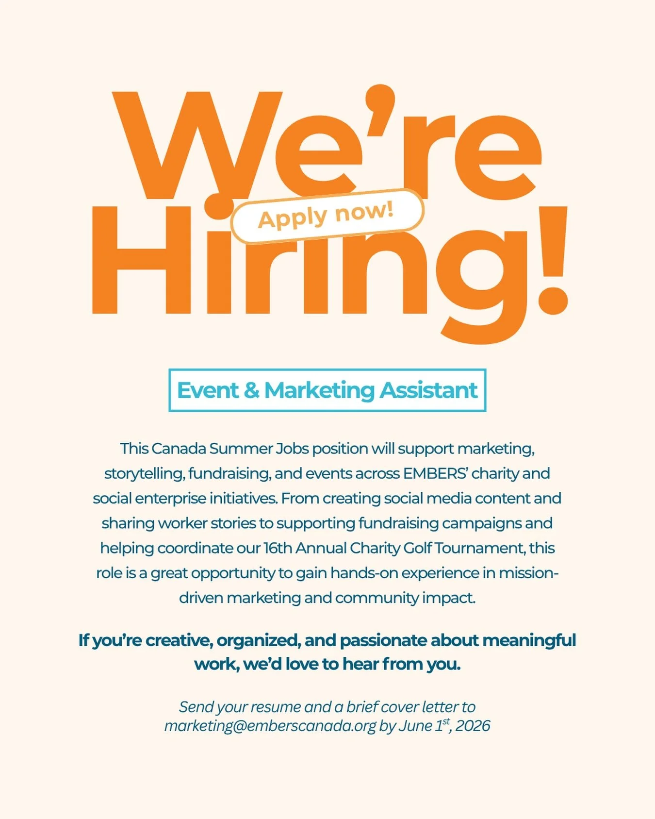 We&rsquo;re excited to be hiring a Summer Event &amp; Marketing Assistant through the Canada Summer Jobs program! 📣

This role will support storytelling, social media, fundraising campaigns, events, and marketing initiatives across EMBERS&rsquo; cha
