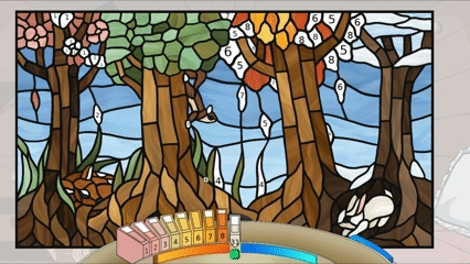 GIF featuring the final stages of colouring a paint-by-numbers image of trees with a deer, squirrel and rabbit