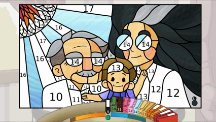 A GIF showing the colouring of staned glass art featuring Grandma Iris and her husband with Kit as a baby