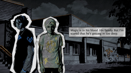 A GIF featuring several Monsterhearts characters standing at different locations around their high school