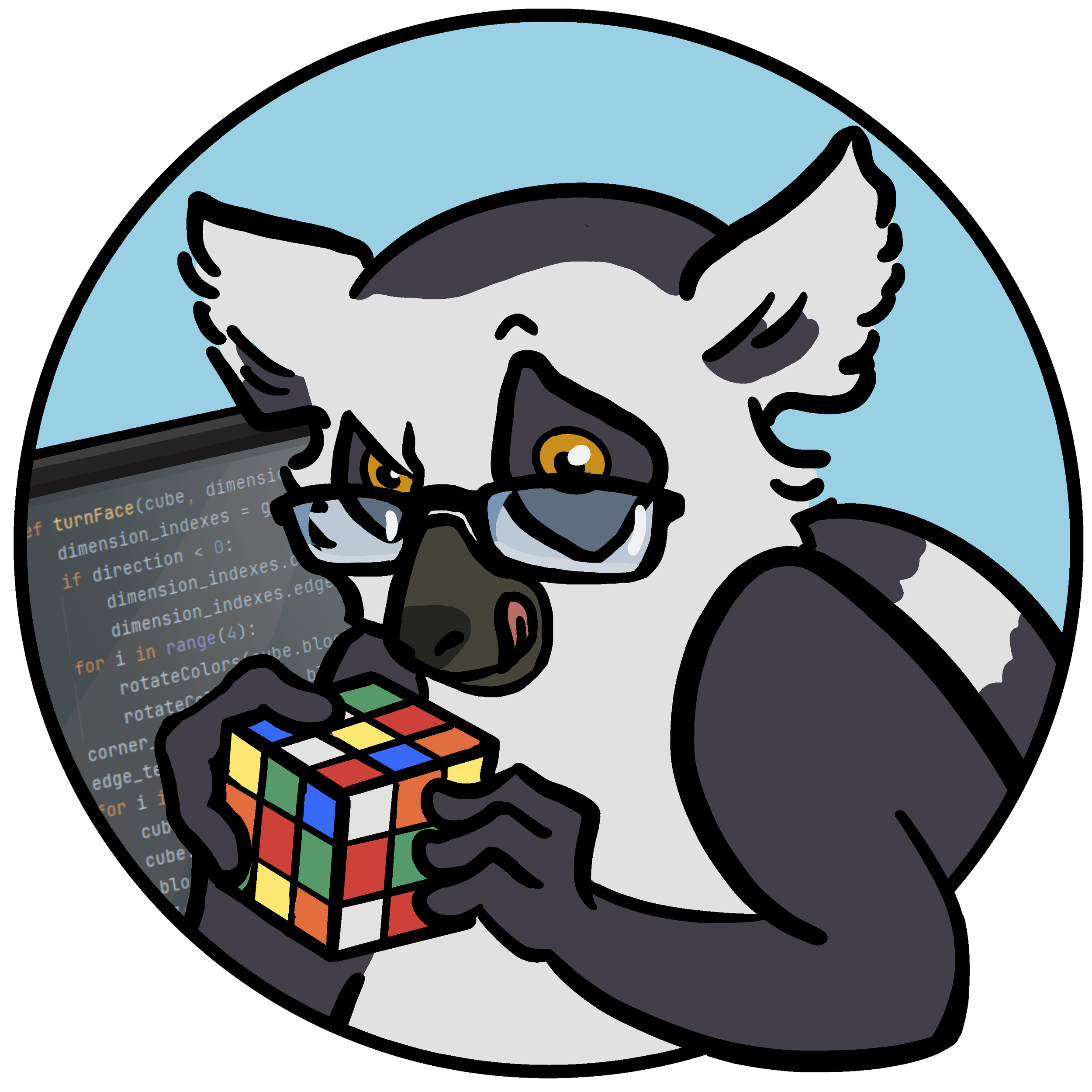 An illustration of a lemur with glasses and grey and white fur, solving a Rubik's Cube in front of a computer screen with code