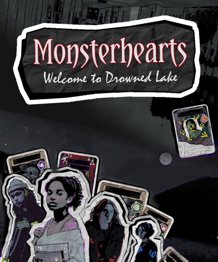 Vertical Capsule art for Monsterhearts Welcome to Drowned Lake – featuring characters and game cards