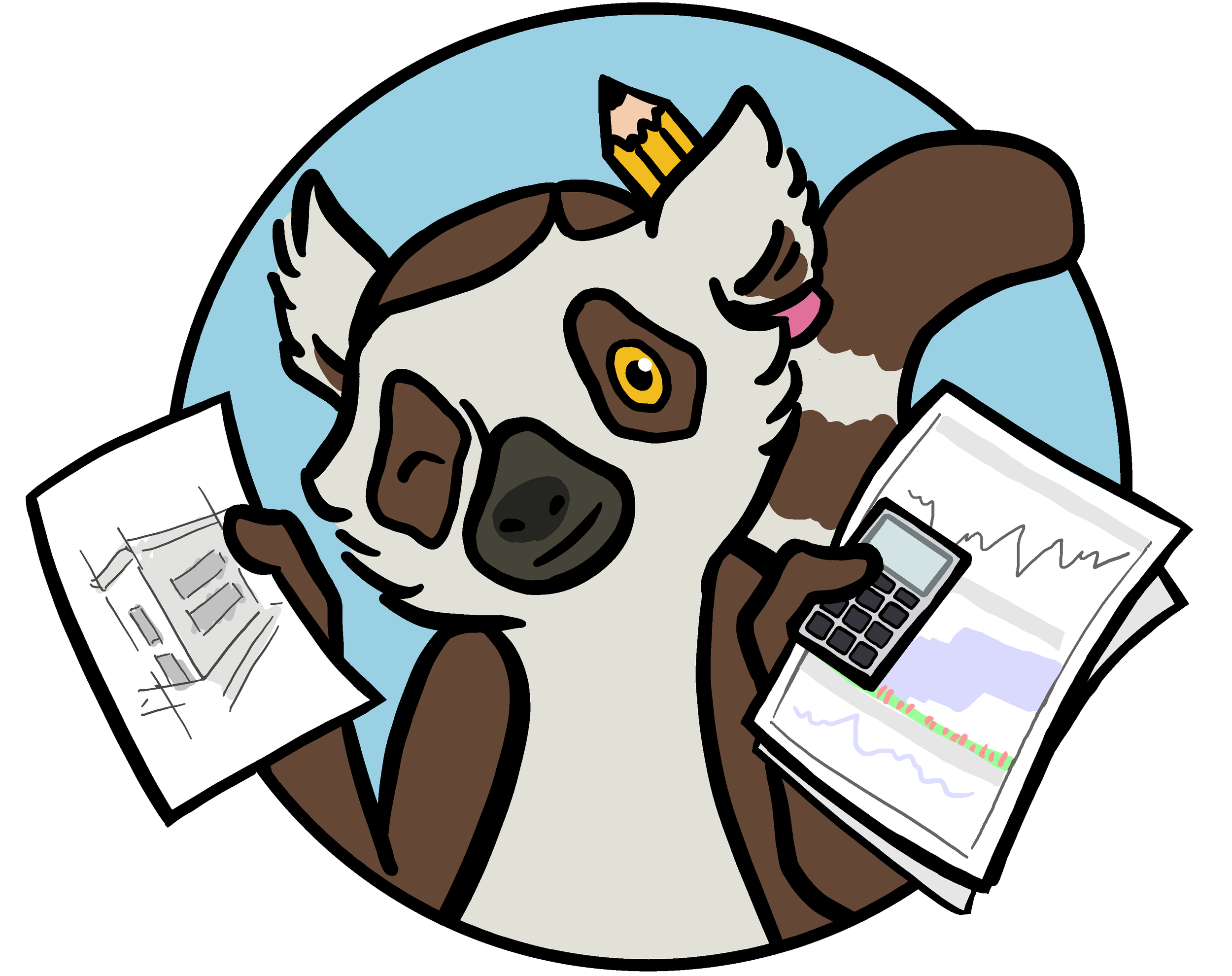 An illustration of a winking lemur with brown and white fur, holding papers and a calculator with a pencil behind their ear