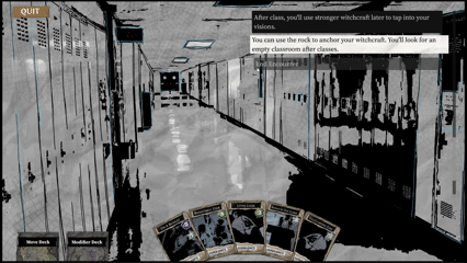 A GIF featuring an empty high school hallway and card selection gameplay