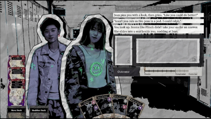 A GIF featuring dialogue between Jean and Flinch. The game interface includes card deck controls and a card is selected in the bottom left corner