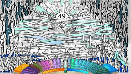 A GIF showing the colouring of staned glass art featuring a young couple in a row boat surrounded by trees and bulrushes as the sun sets