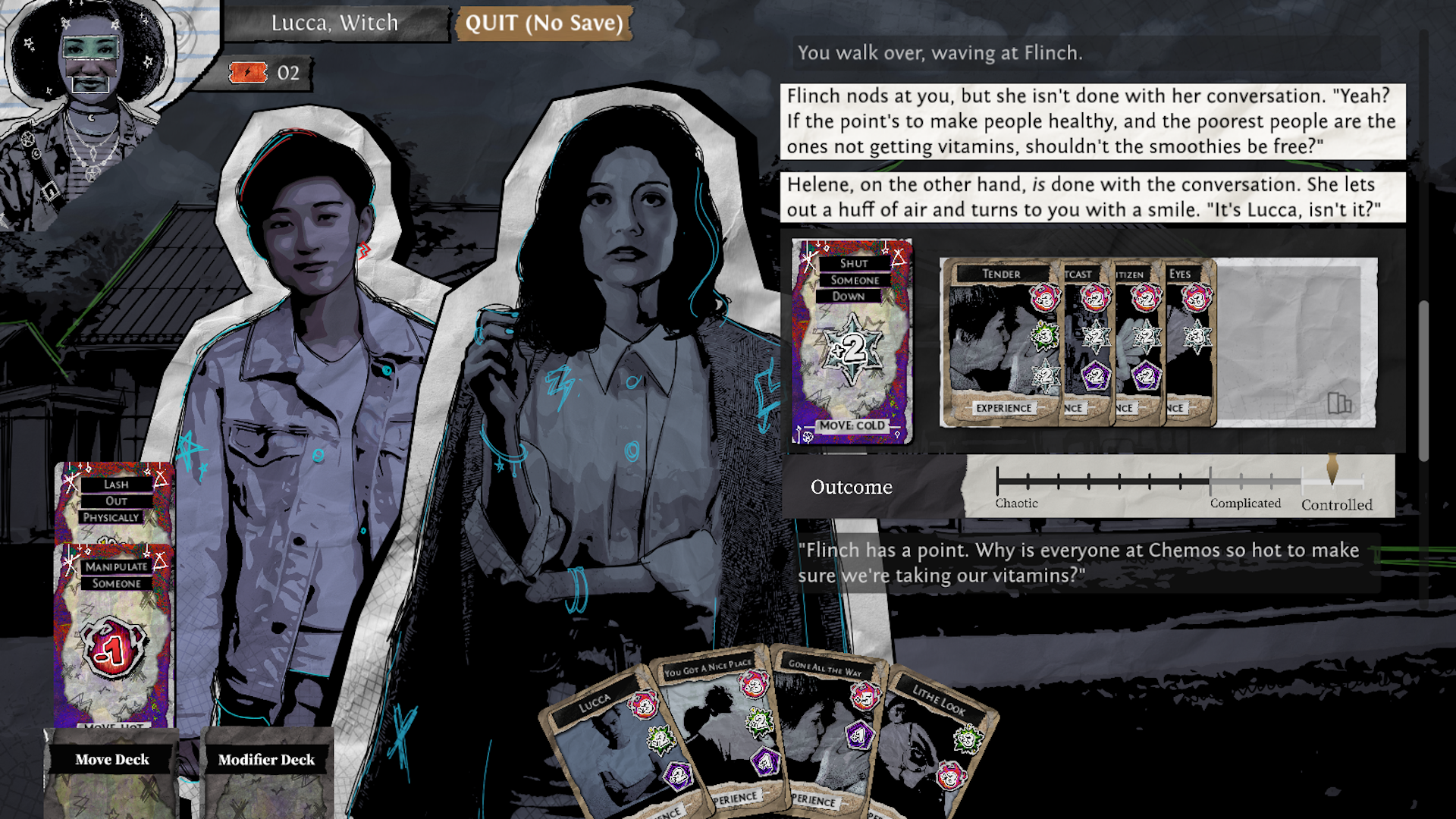 A screenshot from Monsterhearts featuring dialogue between Flinch and Helene. The game interface includes card deck controls.