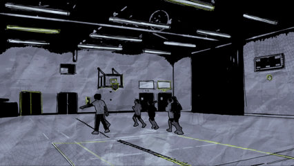 A GIF featuring a card battle in a school gym. The "DARKEST SELF" card with "SKIN: GHOUL" is chosen.