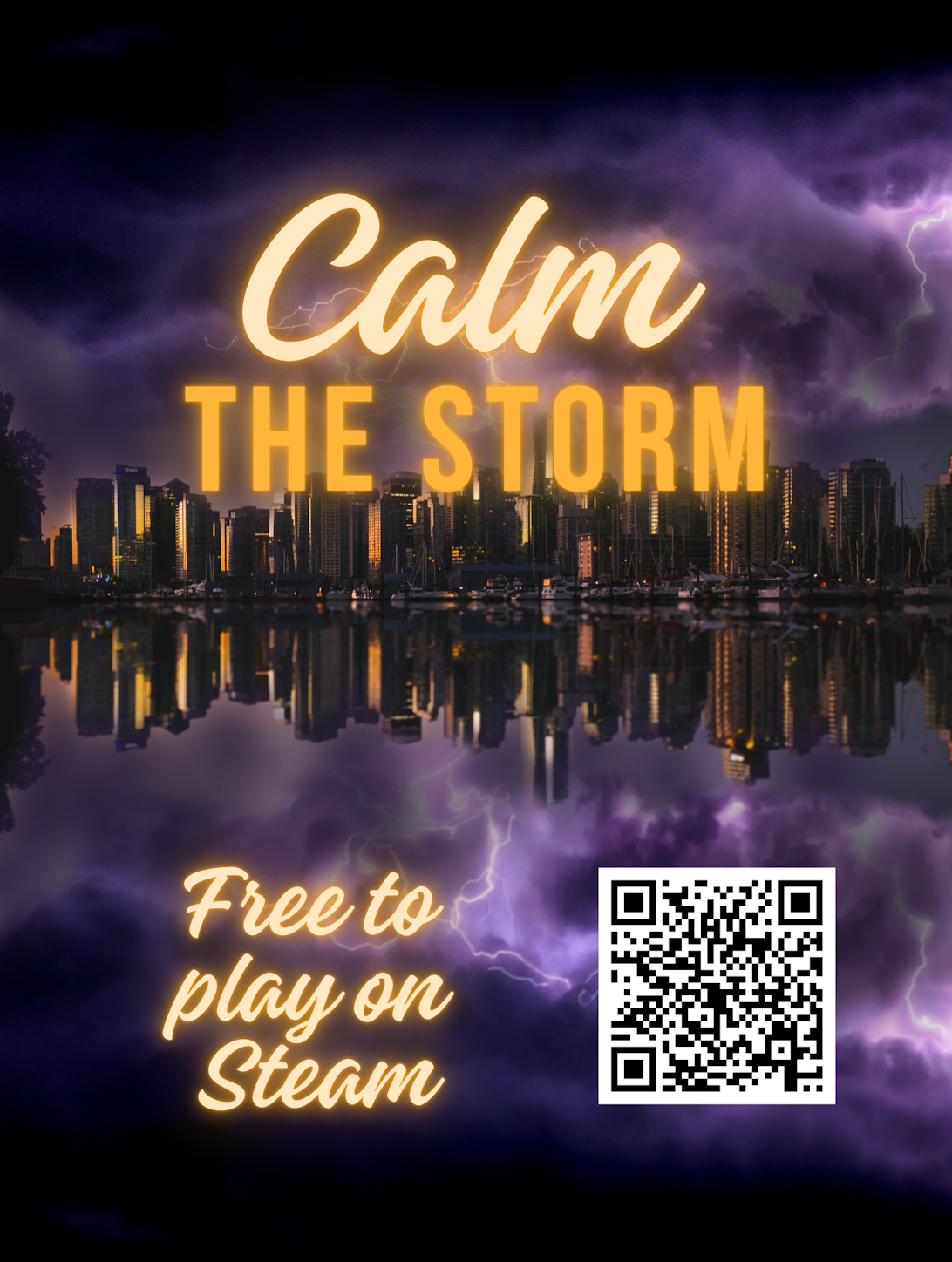 "Calm the Strom" Free to Play on Steam poster featuring a QR code