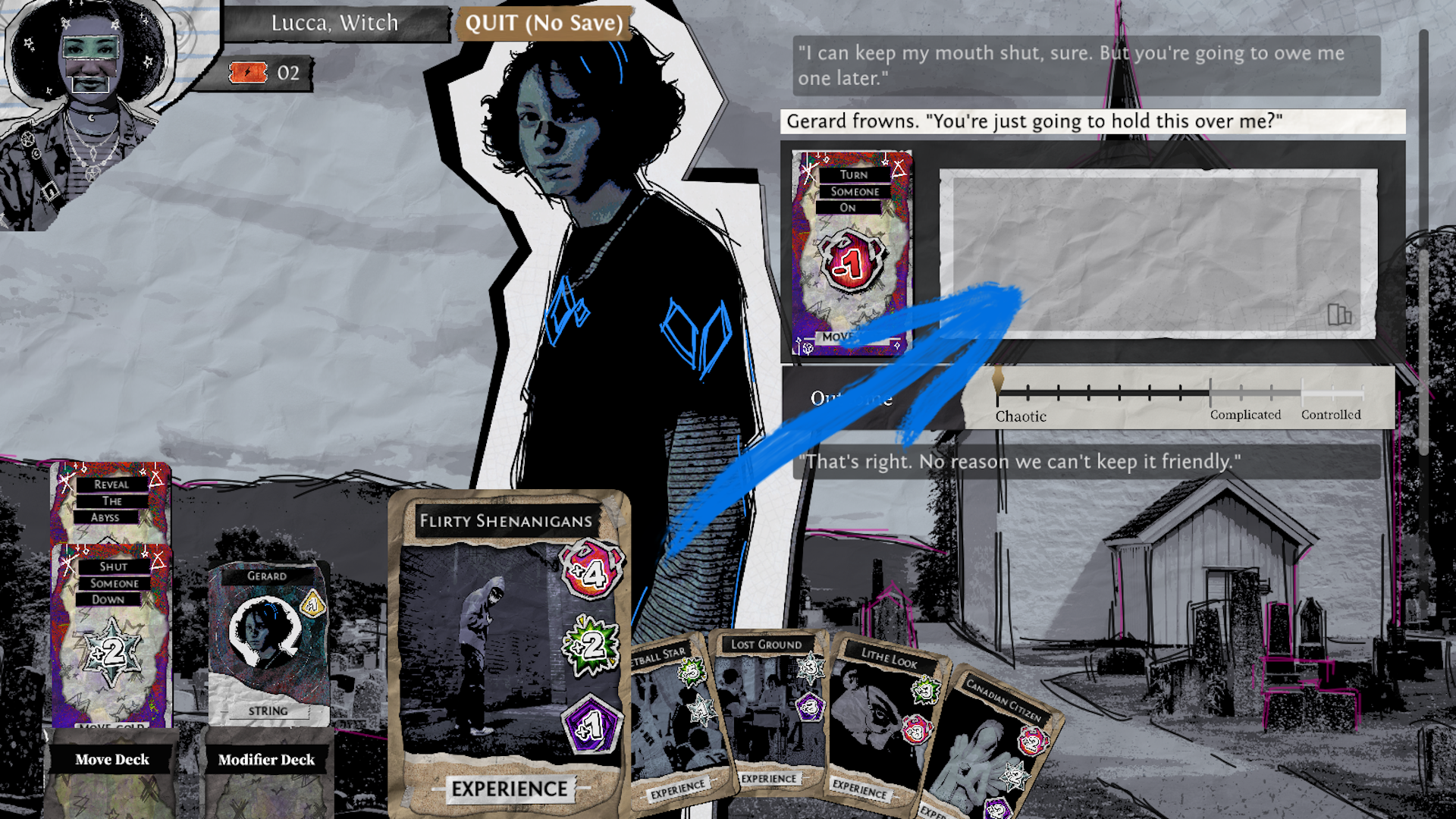 A screenshot from Monsterhearts with the character "Lucca, Witch" and dialogue between characters above a deck of game cards