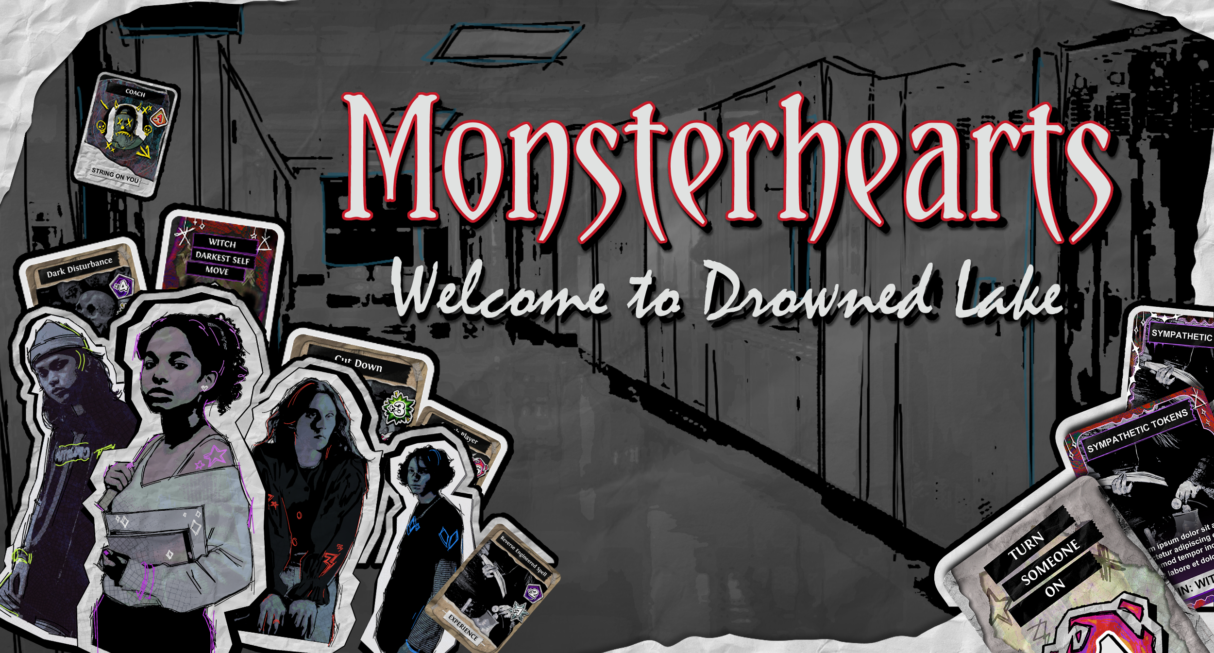 Monsterhearts Welcome to Drowned Lake banner art featuring four teenaged characters standing with gameplay cards in front of paper cutout backgrounds in a high school hallway