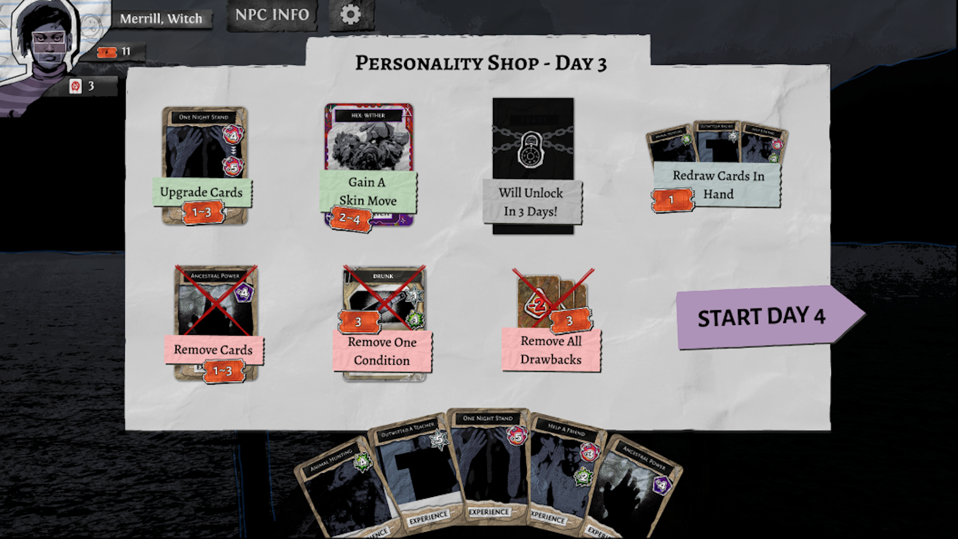 A screenshot with a character named Merrill, Witch. The centre of the screen features a section titled "PERSONALITY SHOP - DAY 3" with cards and move options