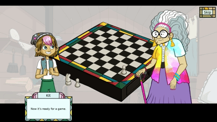 GIF featuring Kit and Grandma Iris talking in front of a chess board