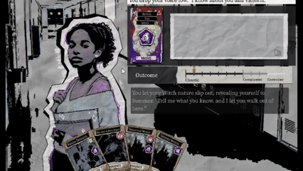 A GIF featuring a Monsterhearts character watching the viewer in a high school hallway as they choose cards for their deck