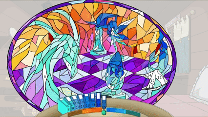 A GIF showing the colouring of staned glass art featuring a dragon, gnome, fairy and a wizard on a chess board