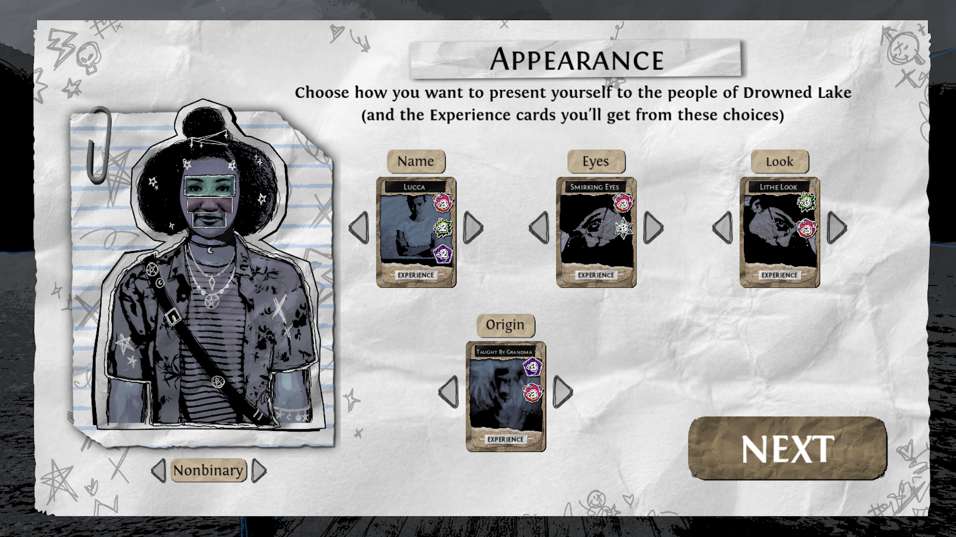 Appearance customization page featuring a nonbinary character and card decks for: Name, Eyes, Look, and Origin