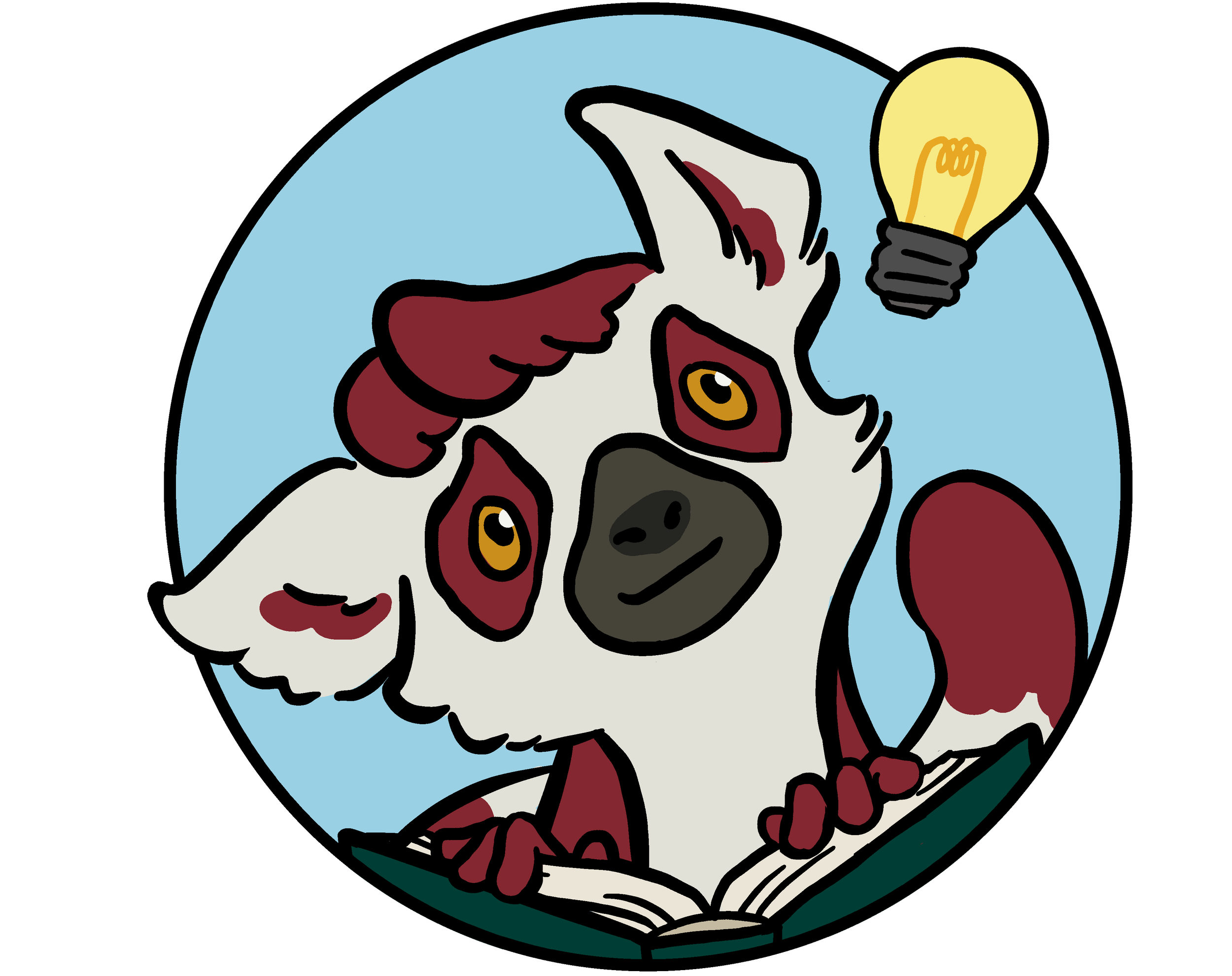 An illustration of a lemur with red and white fur, holding a book and looking up at a light above her head