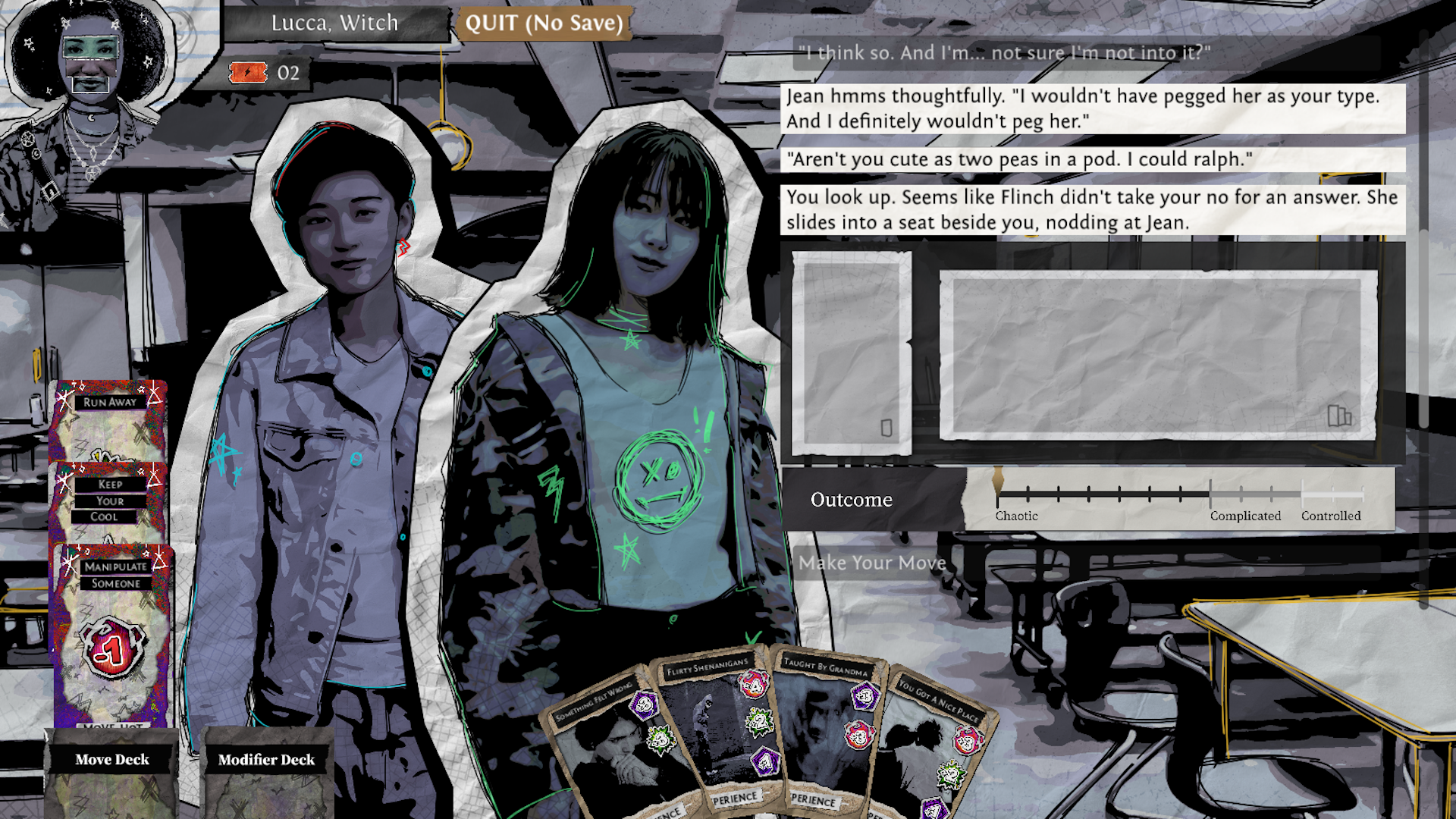 A screenshot from Monsterhearts featuring dialogue between Jean and Flinch. The game interface includes card deck controls.