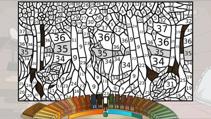 GIF featuring the initial stages of colouring a paint-by-numbers image of trees