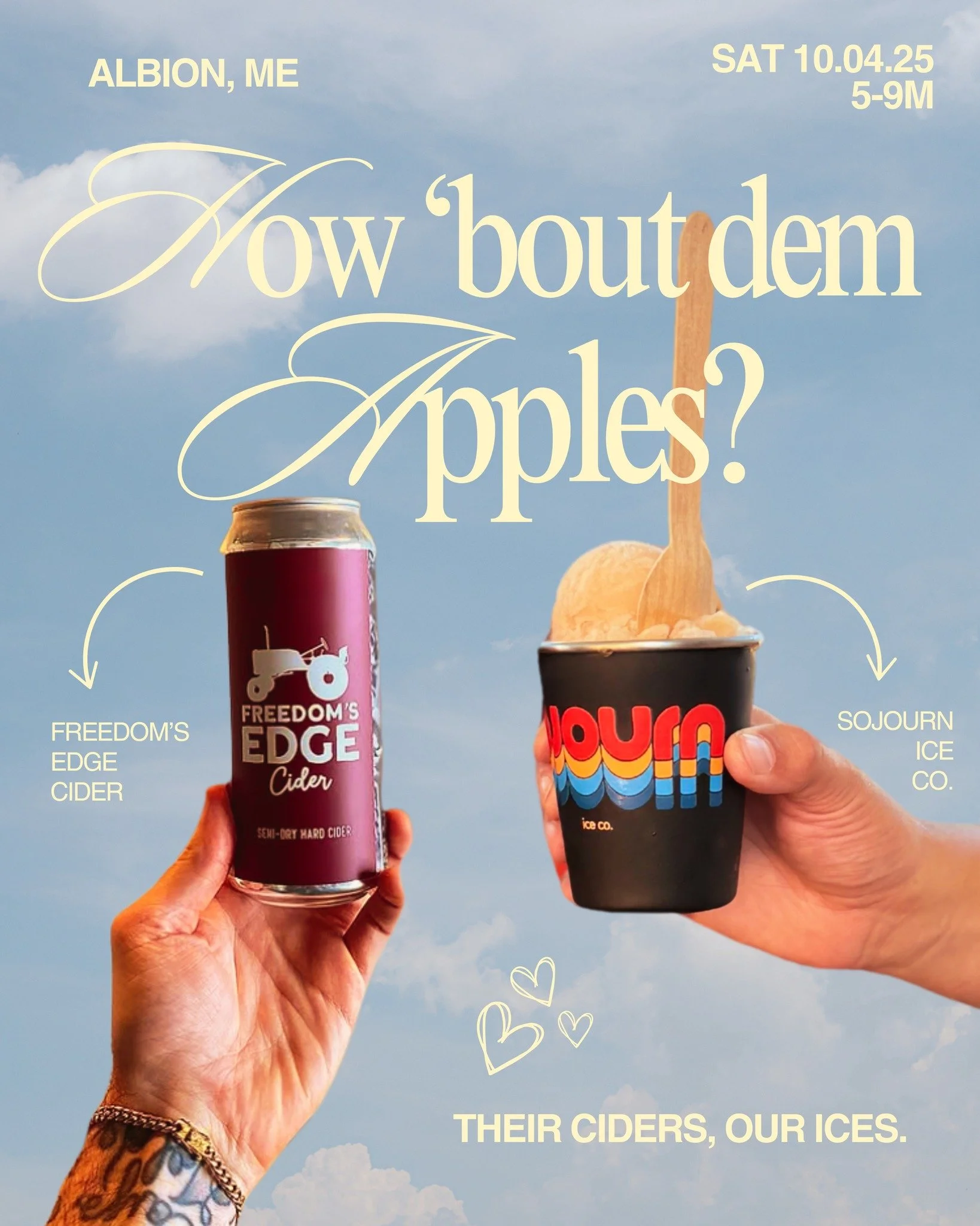 🍏 how 'bout dem apples?! 🍎

their ciders, our ices, live music, rad times.

Join us at @freedomsedge Cider Tasting room in Albion, ME, Saturday, October 4th from 5-9pm, where our guy @thebobbyganoush will be serving up some slushy surprises. 

Can'