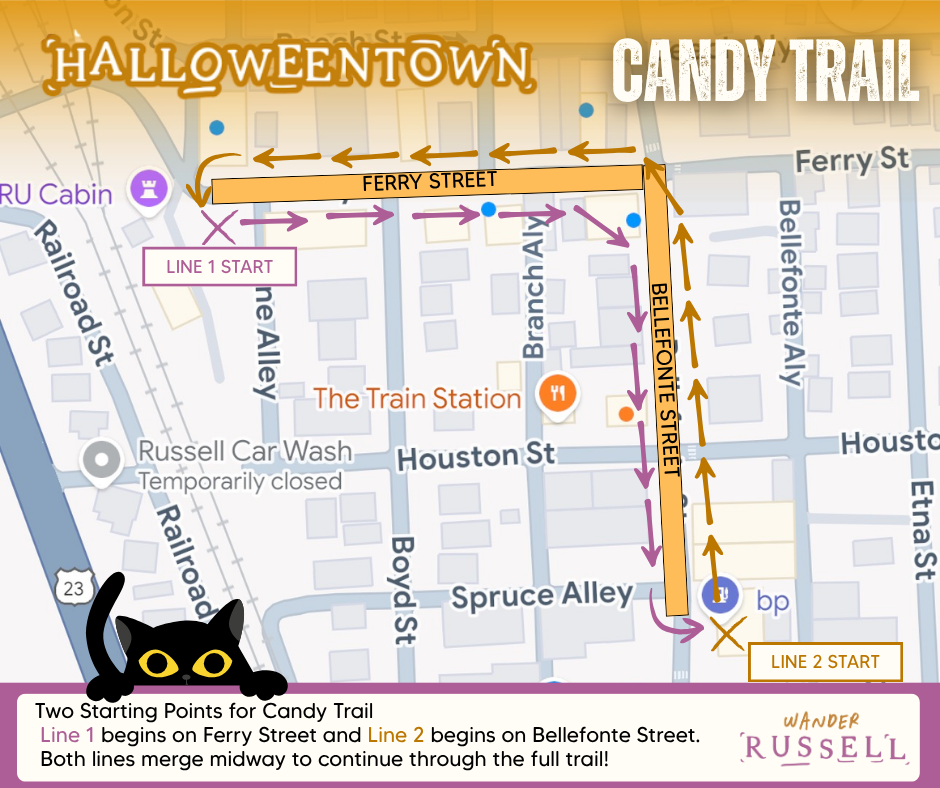 Map of the Candy Trail in Russell, showing two starting points at Ferry Street and Bellefonté Street, with a marked trail route connecting them through neighborhoods and ending near the trailhead.