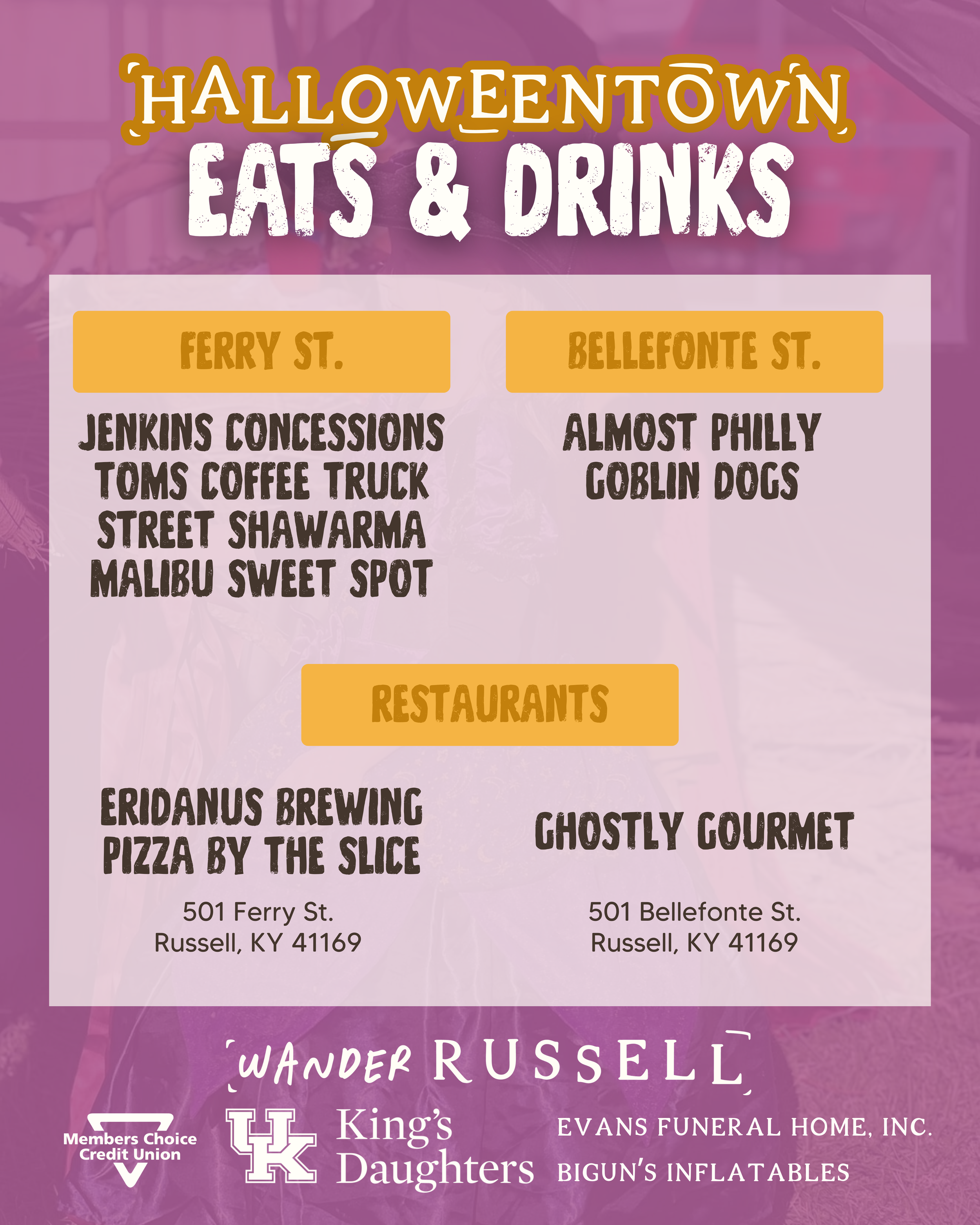 A pink and purple Halloween-themed event poster titled 'Halloweentown Eats & Drinks.' It lists food and drink locations on Ferry Street, including Jenkins Concessions, Toms Coffee Truck, Street Shawarma, Malibu Sweet Spot, and on Bellefonte Street, A