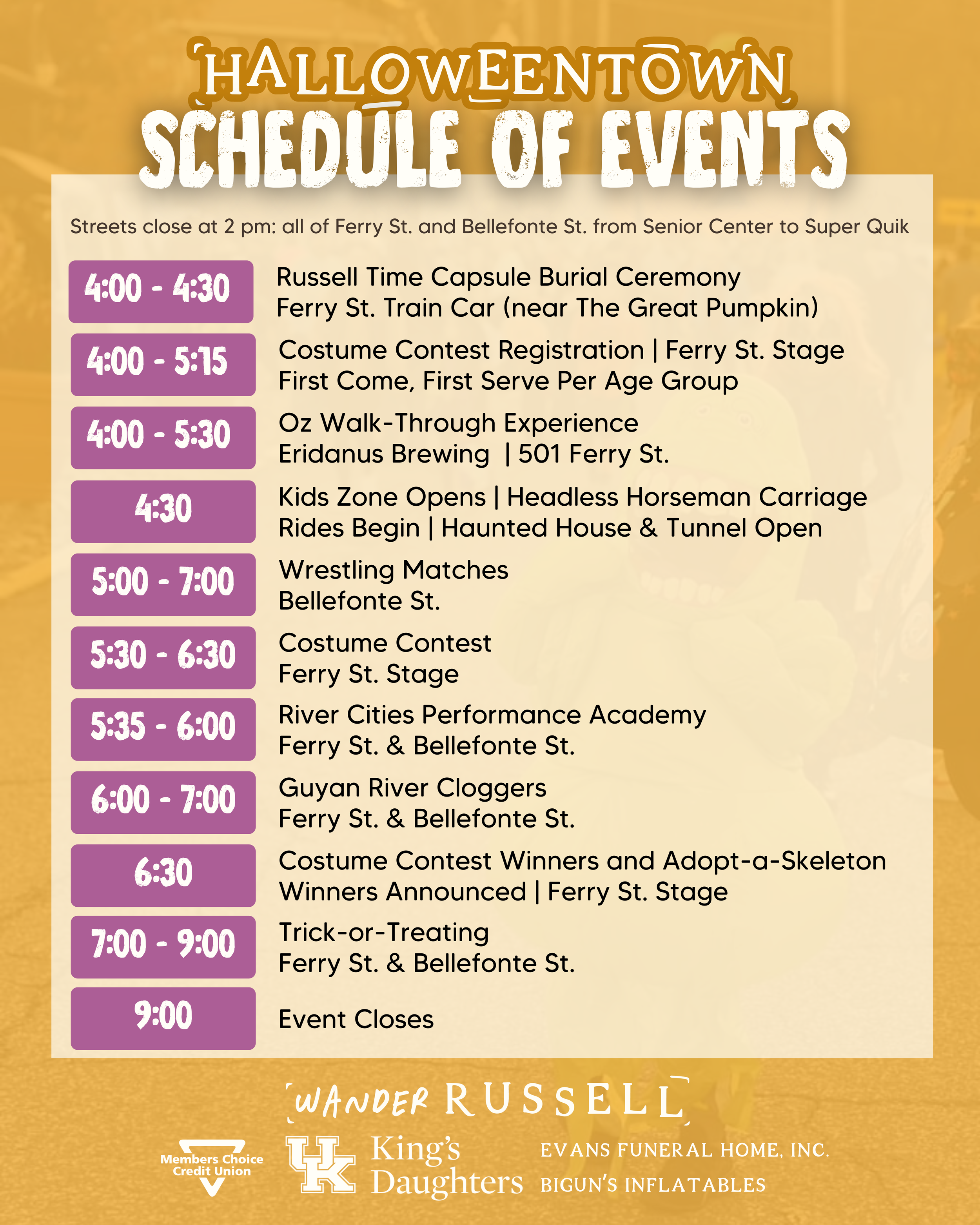 Halloween town schedule of events with times and locations, including costume contests, kids zone, wrestling matches, and trick-or-treating, on an orange and yellow background.