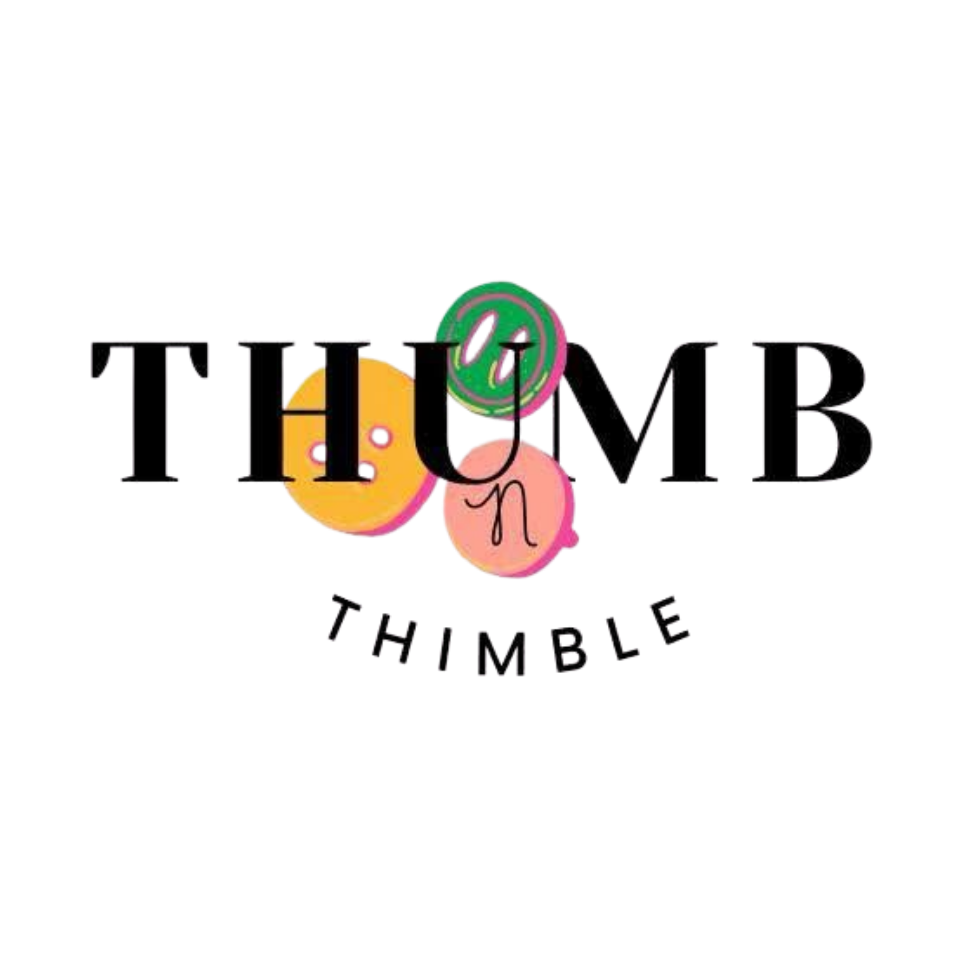 Black text that says "Thumb n Thimble" with pink, yellow and green buttons in the background.