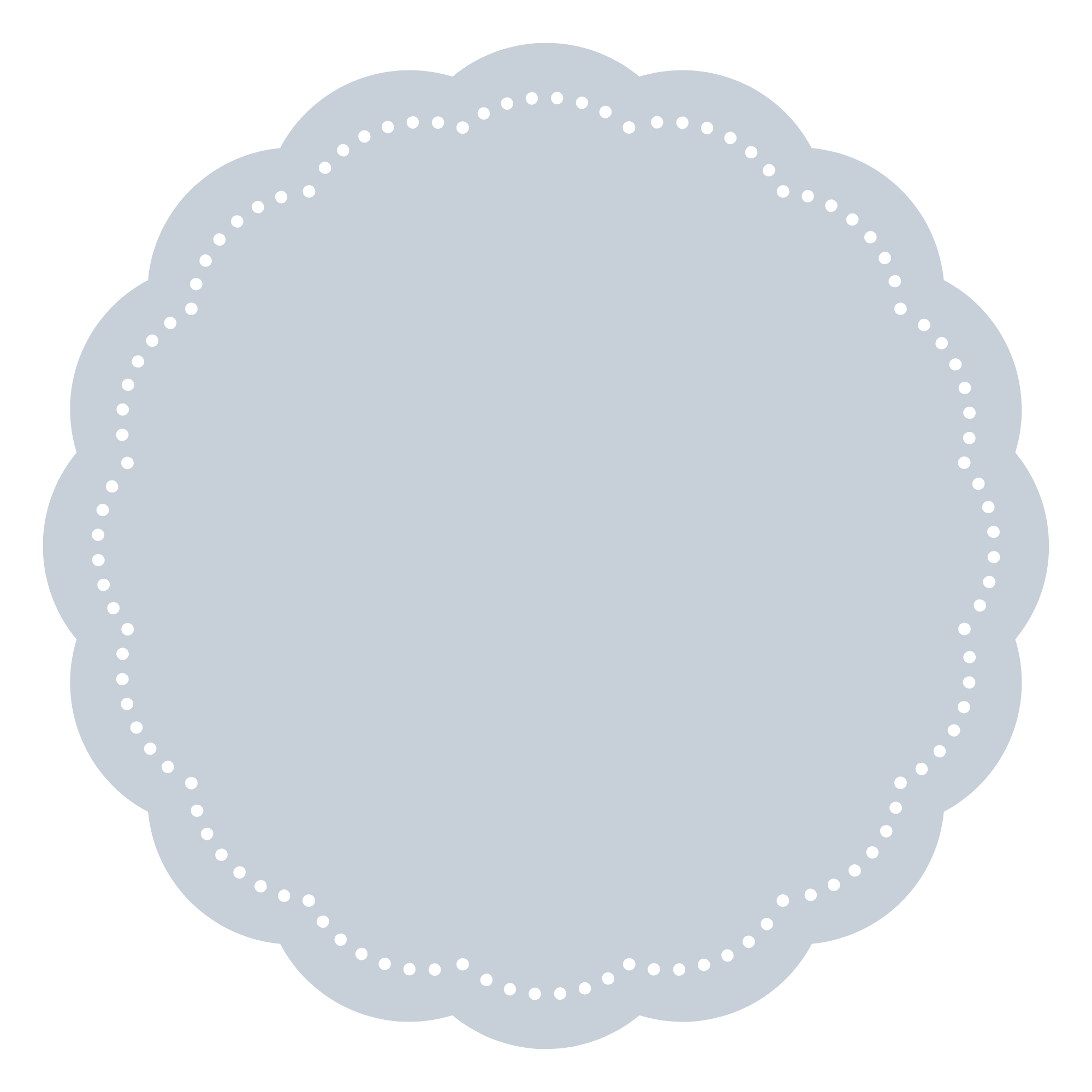 Light blue gray circle with scalloped edges and small white dots on the edges, used as a decorative border.