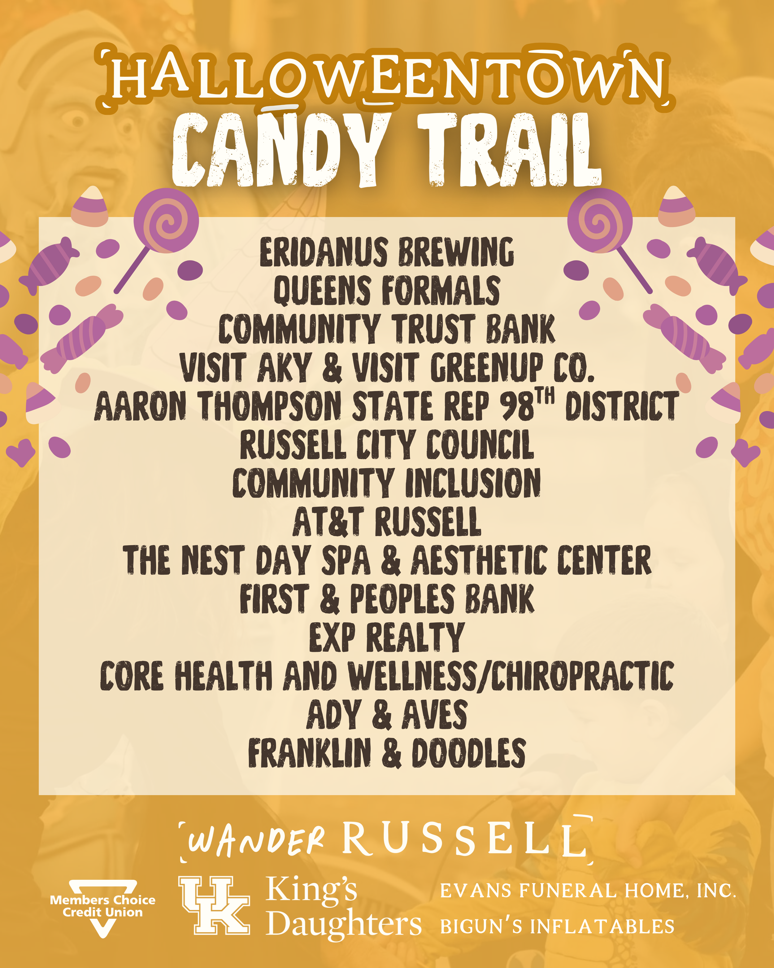 Poster for Halloween town candy trail event featuring participating businesses and sponsors, decorated with candy and Halloween-themed graphics.