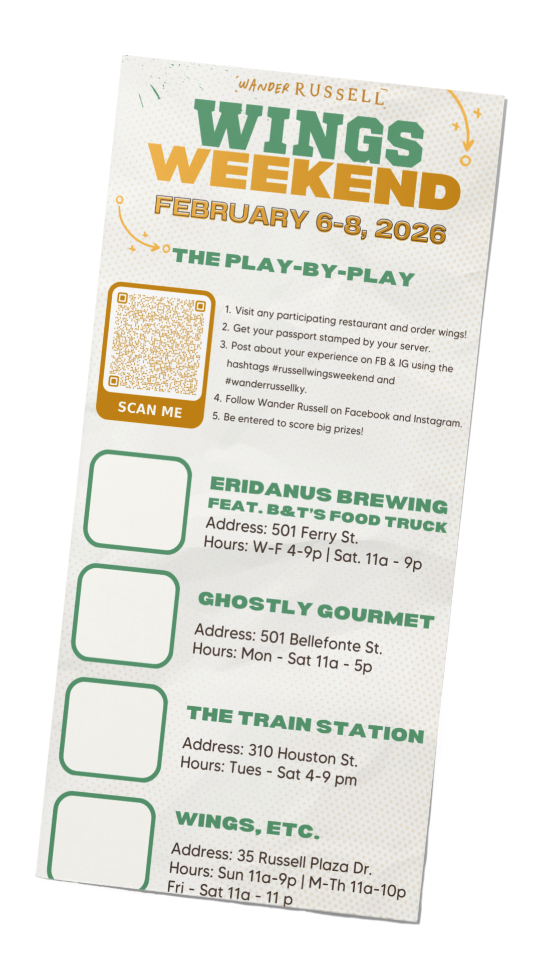 Flyer for Wander Russell Wings Weekend event, February 6-8, 2026, with a play-by-play guide for participating restaurants and food trucks, including Eridanus Brewing, Ghostly Gourmet, The Train Station, and Wings etc., with addresses, hours, and a QR code for scanning.