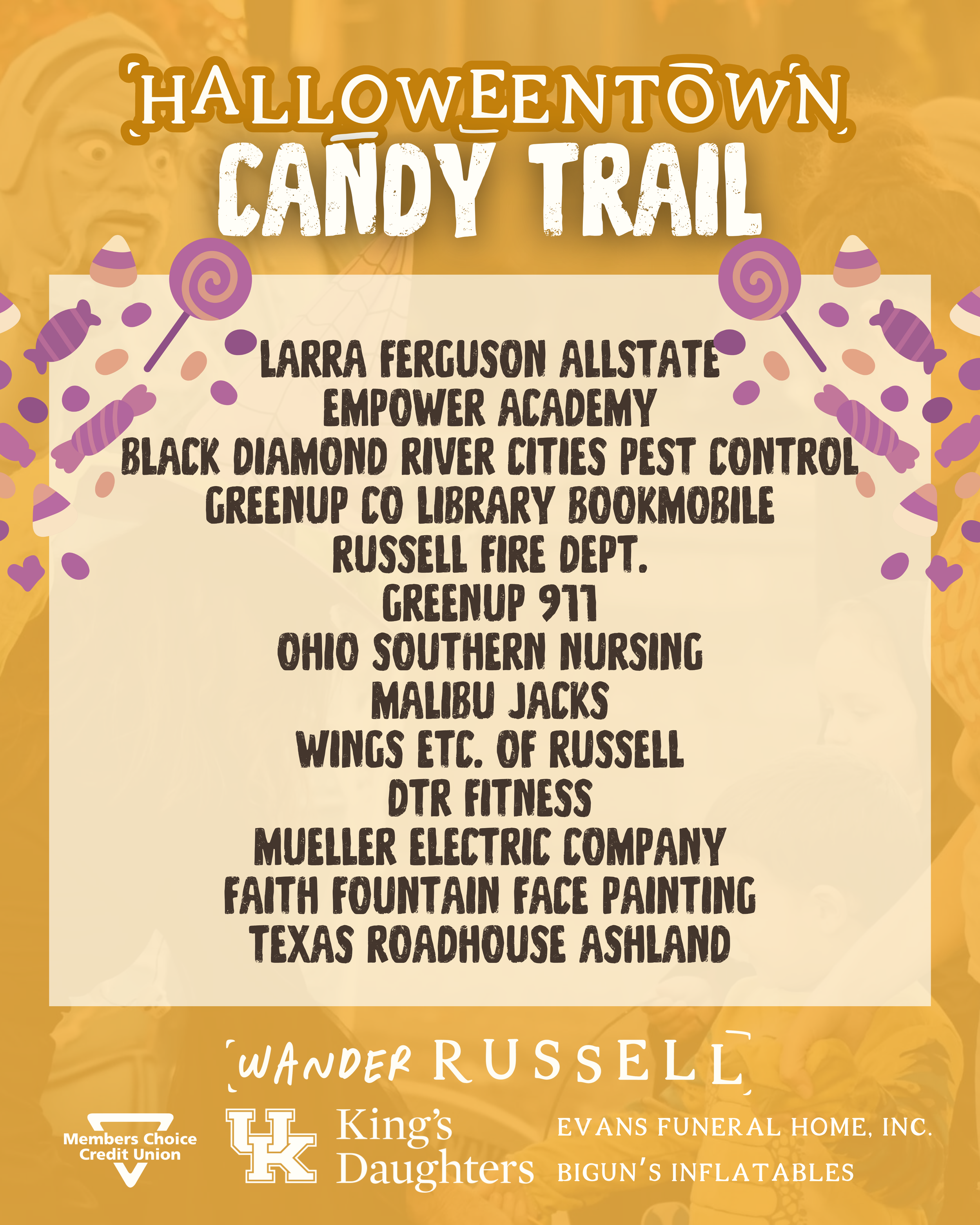 Poster for Halloween Town Candy Trail with various sponsors listed, including Larra Ferguson Allstate, Empower Academy, Black Diamond River Cities Pest Control, Greenup County Library Bookmobile, Russell Fire Department, and others. The poster featur