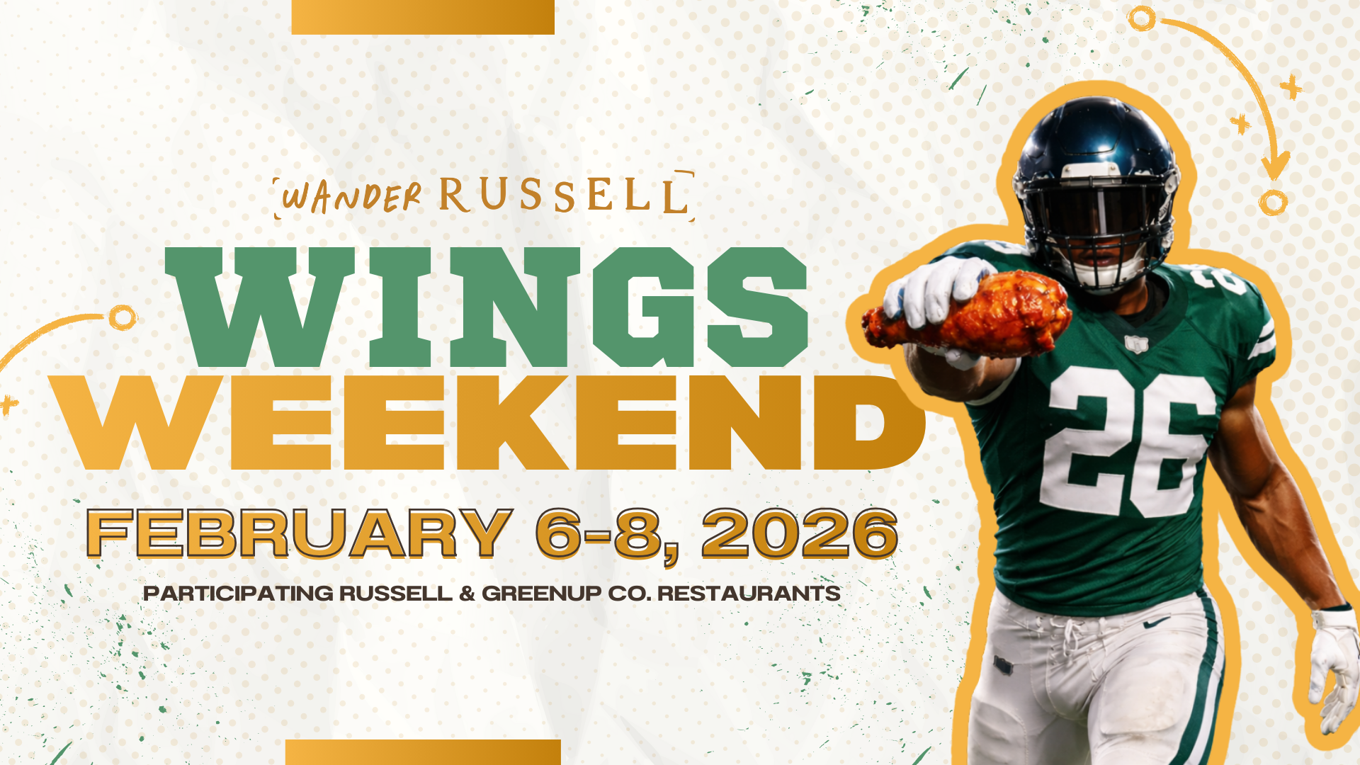 A promotional poster for Wanderr Russell Wings Weekend event, February 6-8, 2026, featuring a football player in a green uniform with the number 26, holding a piece of fried chicken, with bold green and orange text on a dotted background.