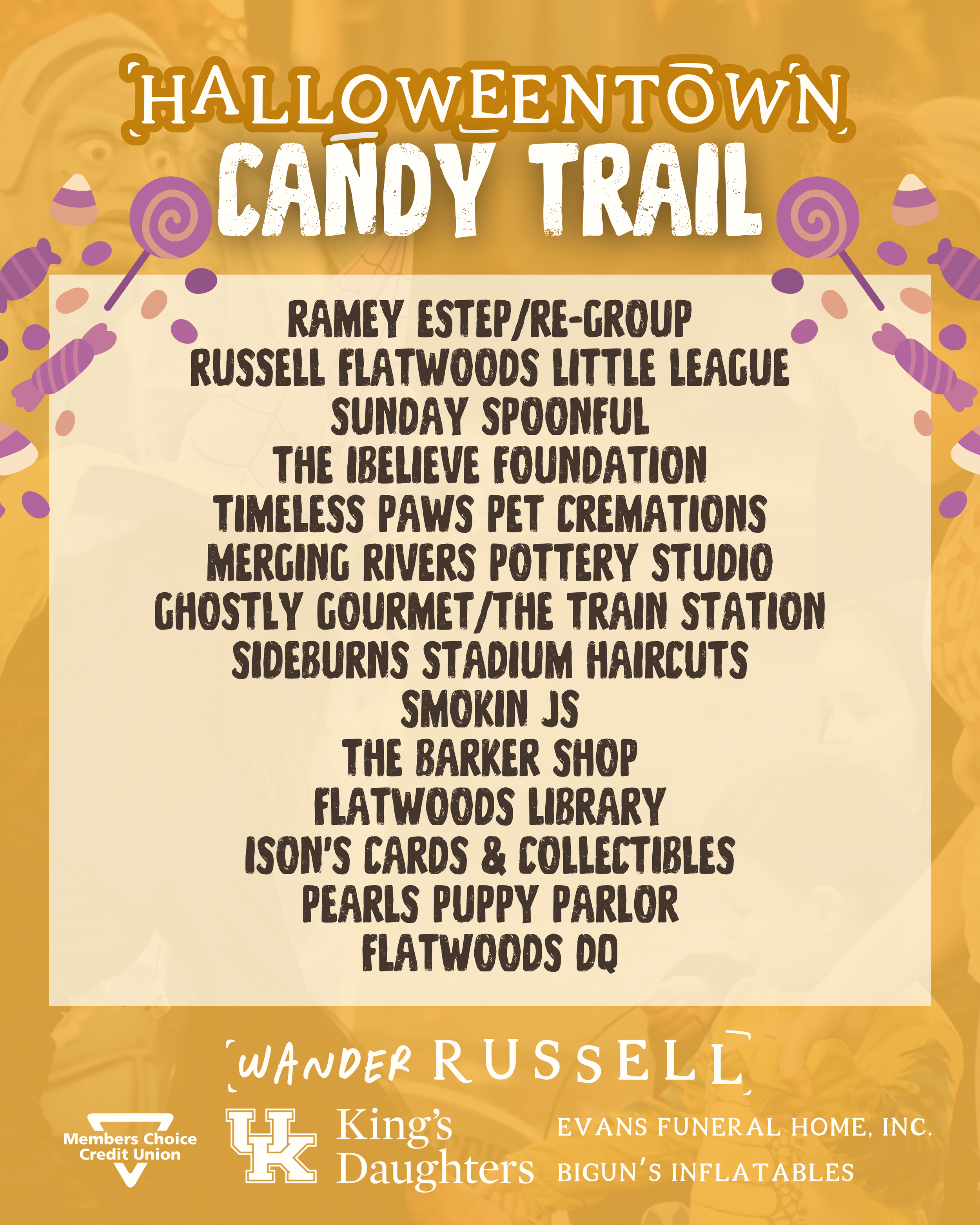 Halloween town candy trail event list including various participating vendors and activities.