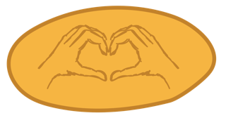 Outline drawing of two hands creating a heart shape on a yellow oval background.