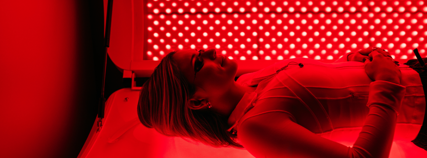 A woman lying in a red-lit room, looking up with her hands clasped on her stomach.