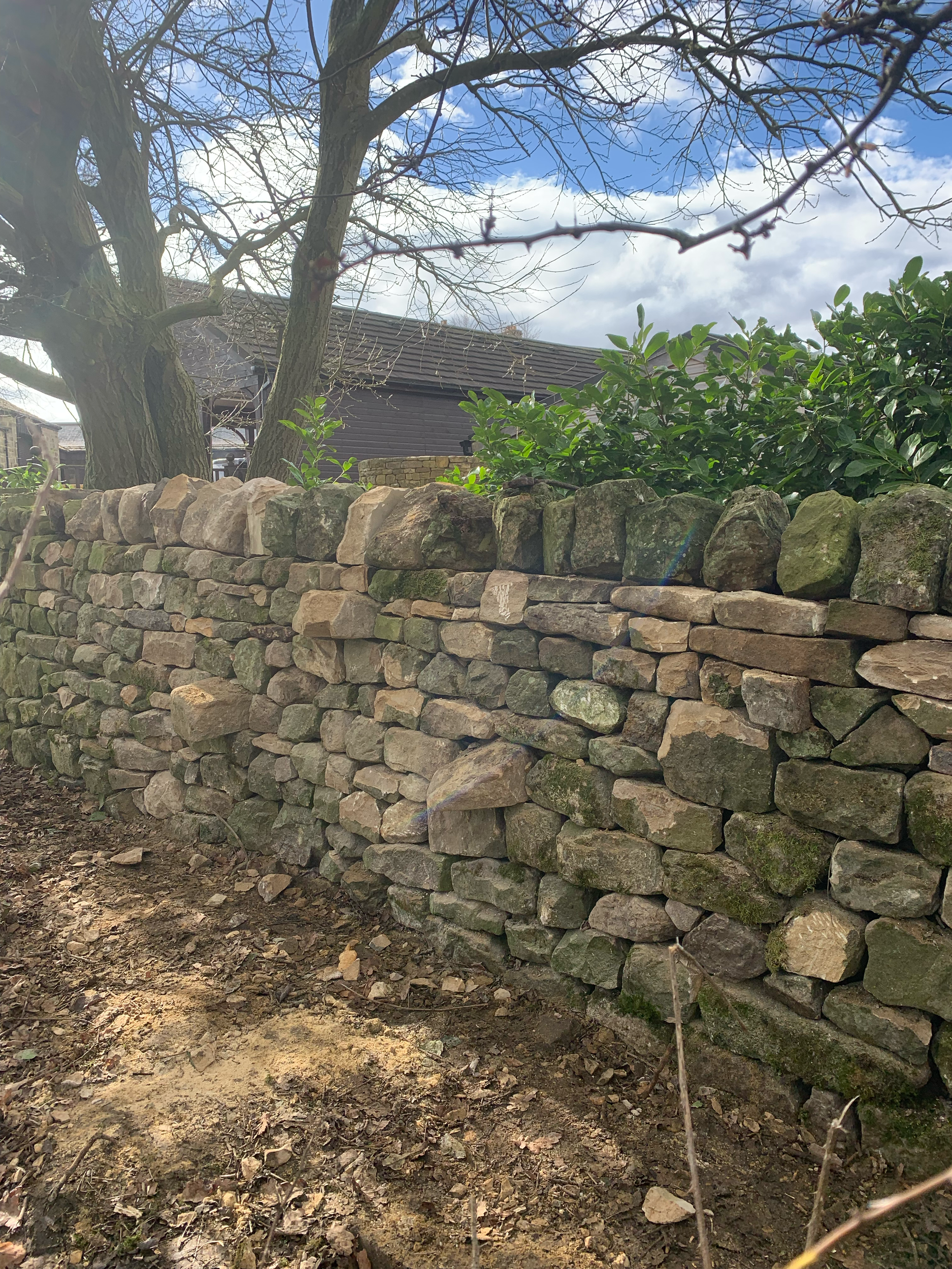 A dry stone wall made of irregularly shaped rocks, with a tree and greenery behind it, under a partly cloudy sky.