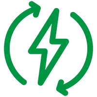 Símbolo de energía eléctrica con ciclo de recarga en forma de flechas verdes que muestra la importancia de ahorrar energía en los procesos.