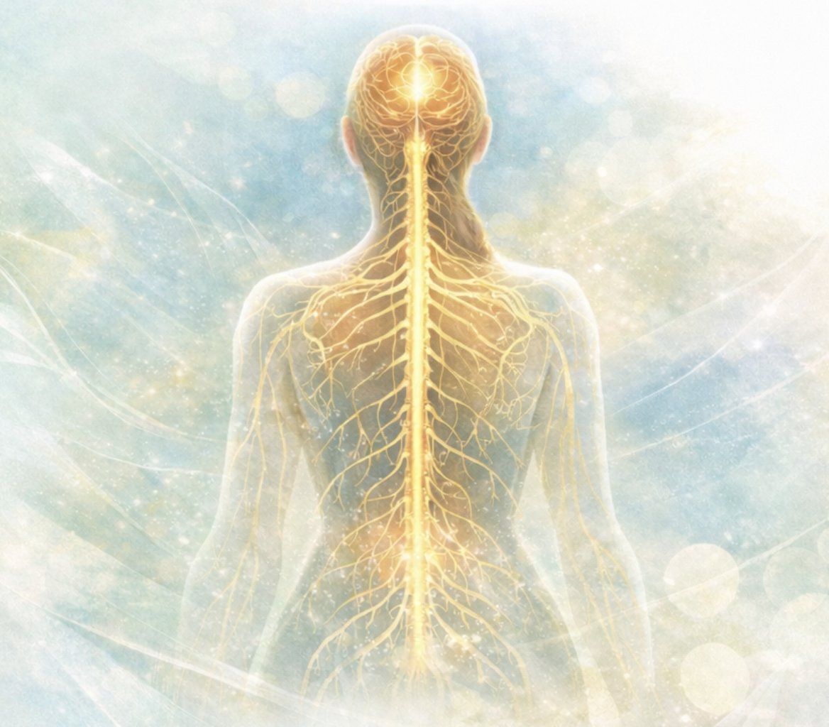 Illustration of a human back with nervous system highlighted, showing the brain, spinal cord, and network of nerves.