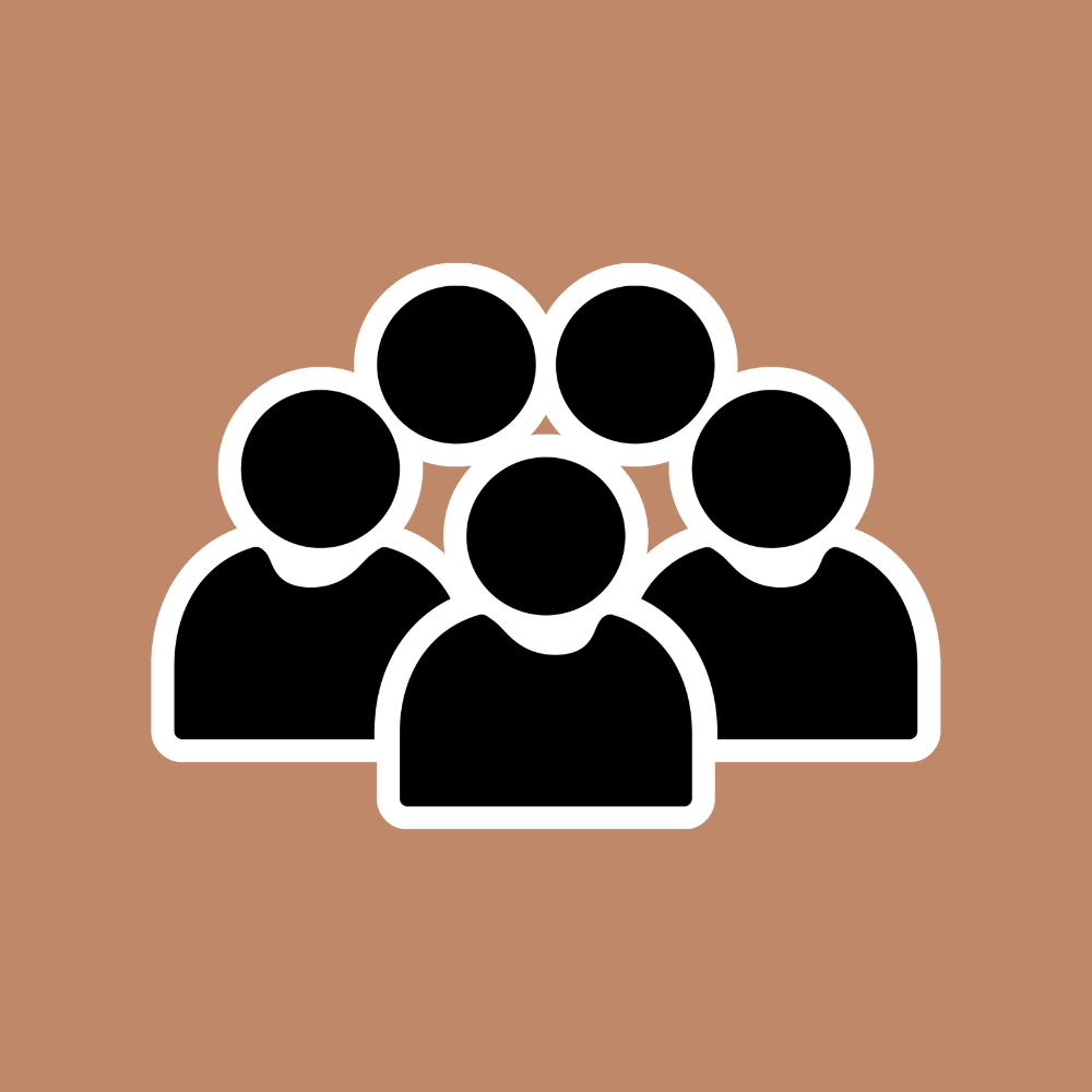 Icon of a group of five people with black silhouettes on a brown background.