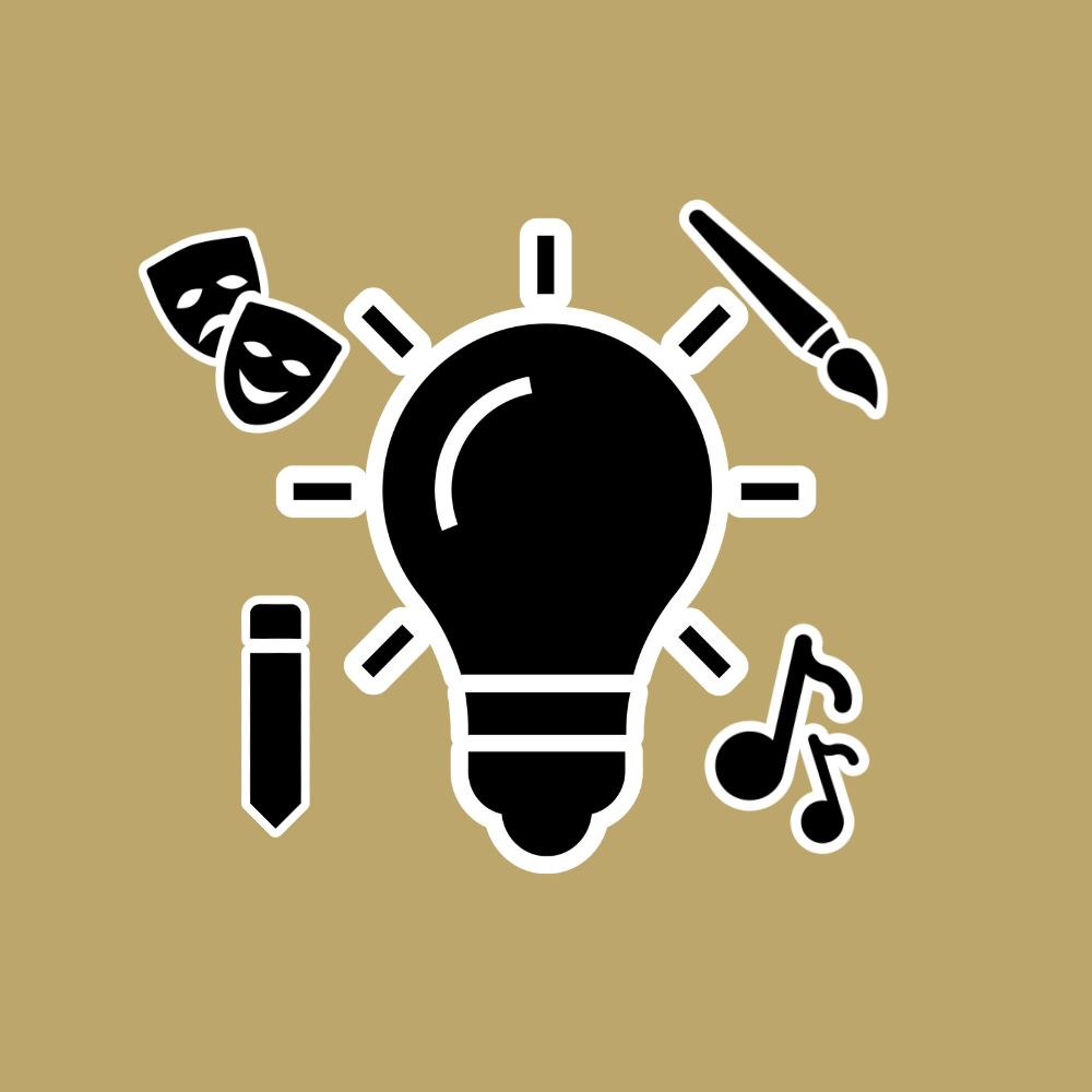 Graphic icon of a light bulb with various symbols around it: comedy and tragedy masks, a pen, a musical note, and an exclamation mark, on a beige background.