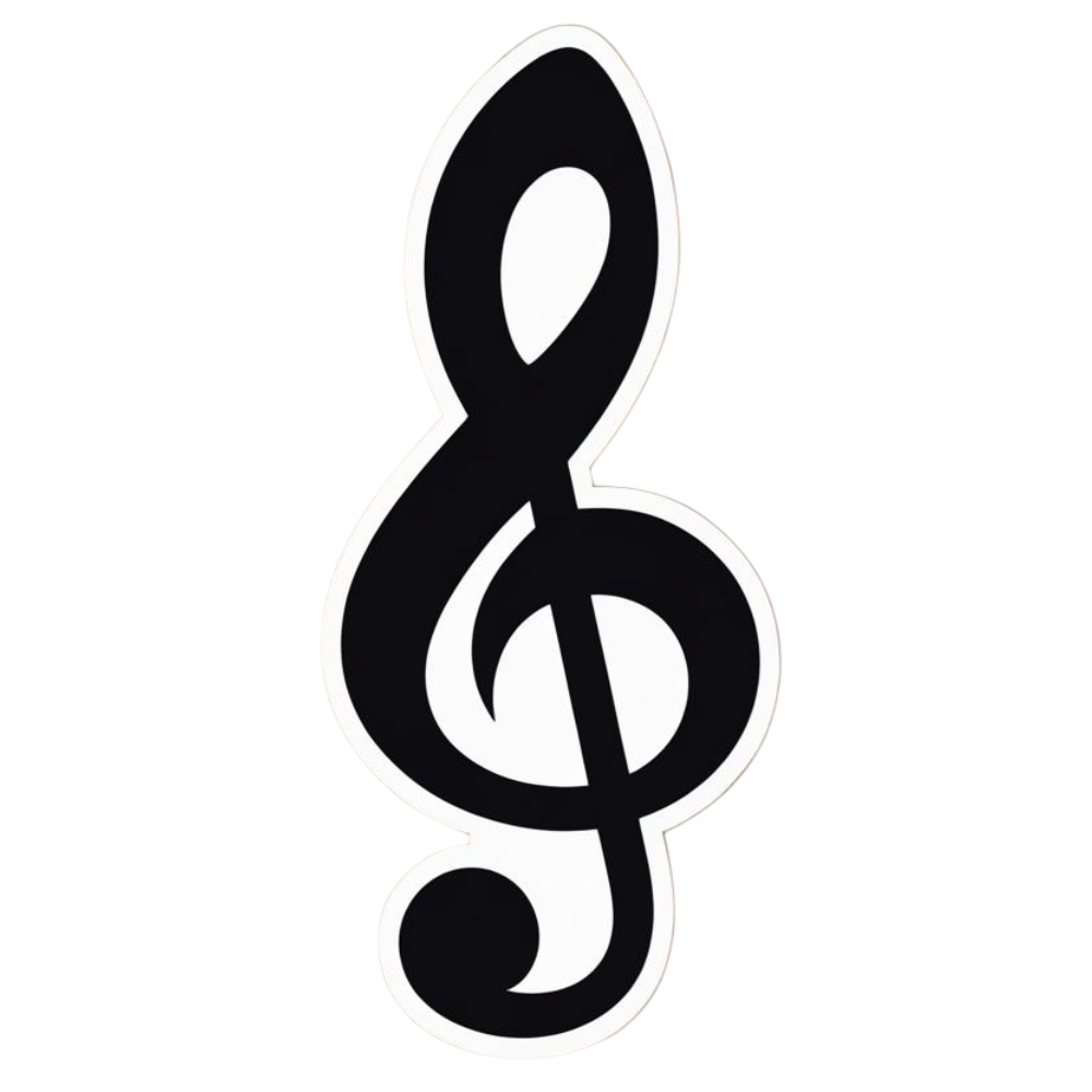 A black and white treble clef musical symbol on a black background.