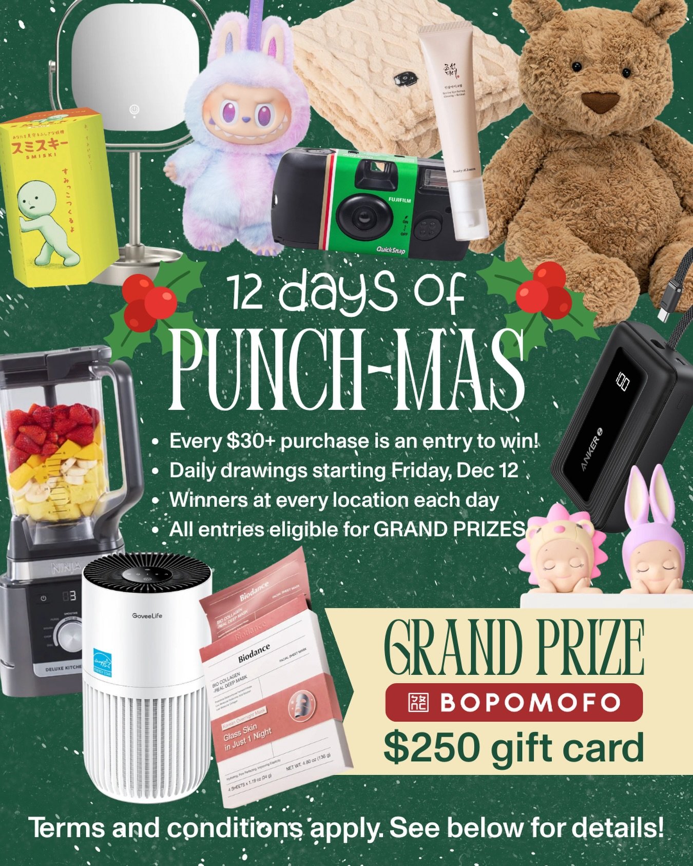 Who&rsquo;s ready to punch their way to free gifts?? Starting Friday, December 12, every purchase of $30 or more earns you one entry into our daily holiday drawing! Entries will be pulled LIVE on Instagram one per day, where we&rsquo;ll announce the 