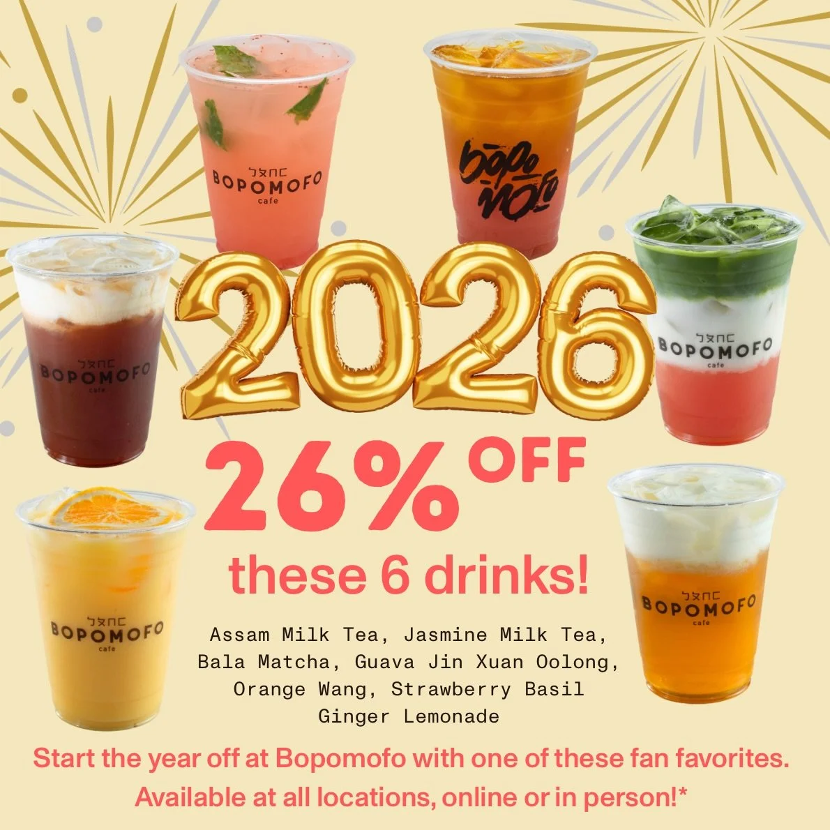 One more day to enjoy this year-start special! Save and sip some of our best selling Bopo classics! Ends tomorrow!

*Tax &amp; Gratuities not included. Applies for both Regular and Large size. Cannot be combined with other offers.
Valid until Monday,