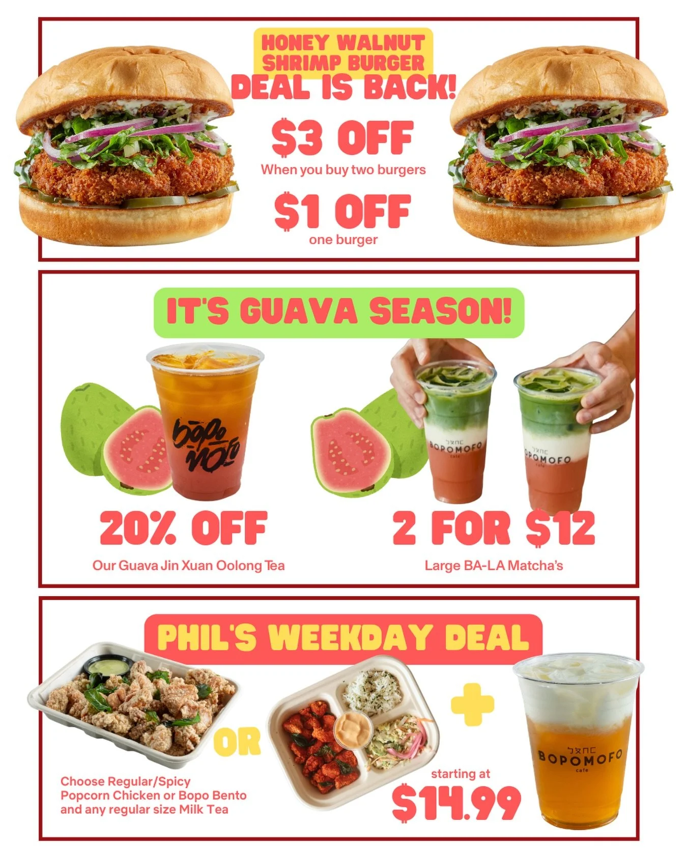 SAVE and SHARE! Just a quick reminder about these ongoing deals at Bopomofo 🥰 Come through and enjoy for a limited time. Available online and in-store!

*At participating locations. Terms and conditions apply.