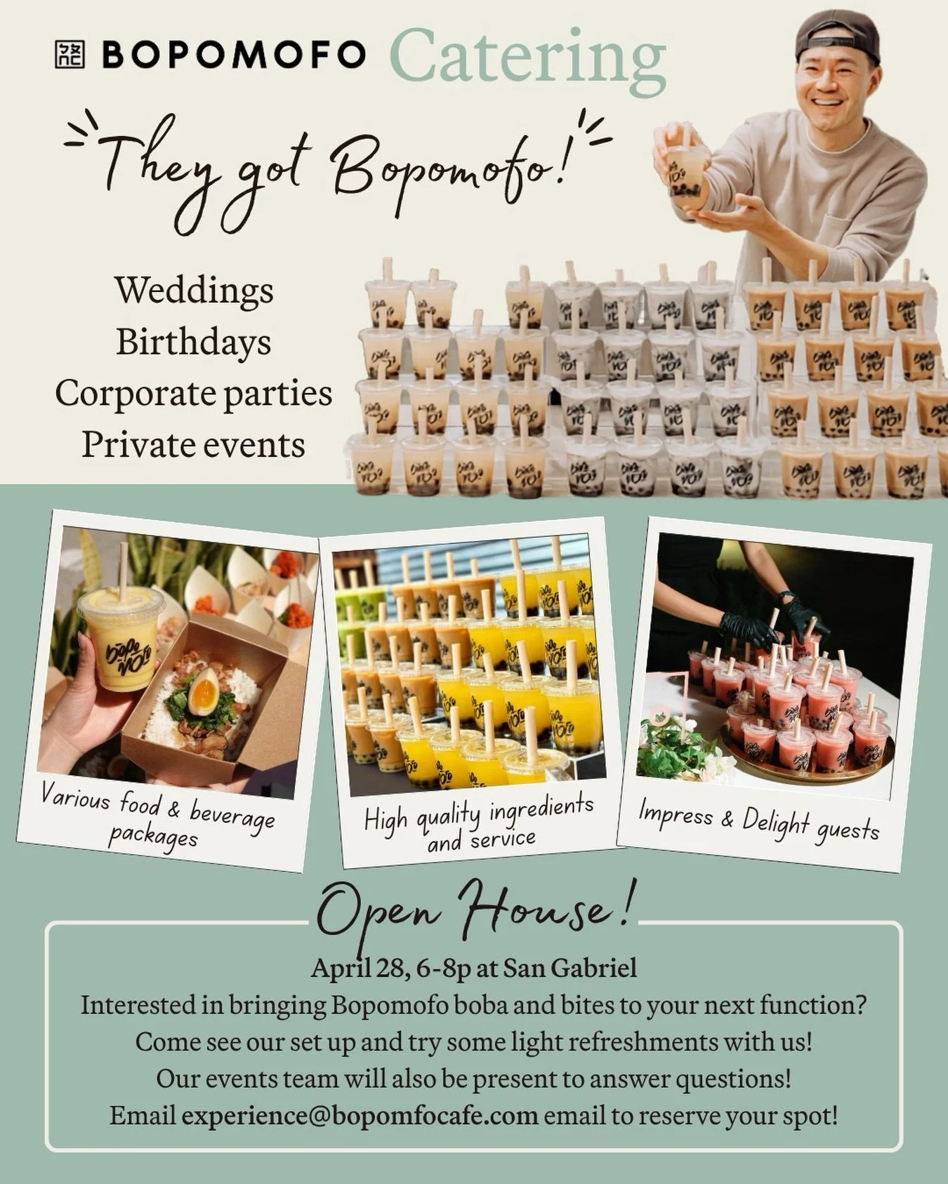 Your guests are gonna love you when they see the Bopomofo bar! 😍🥳 Join us for an Open House in San Gabriel to see what our set up is like live in person and ask any questions with our event staff! Must RSVP at experience@bopomofocafe.com