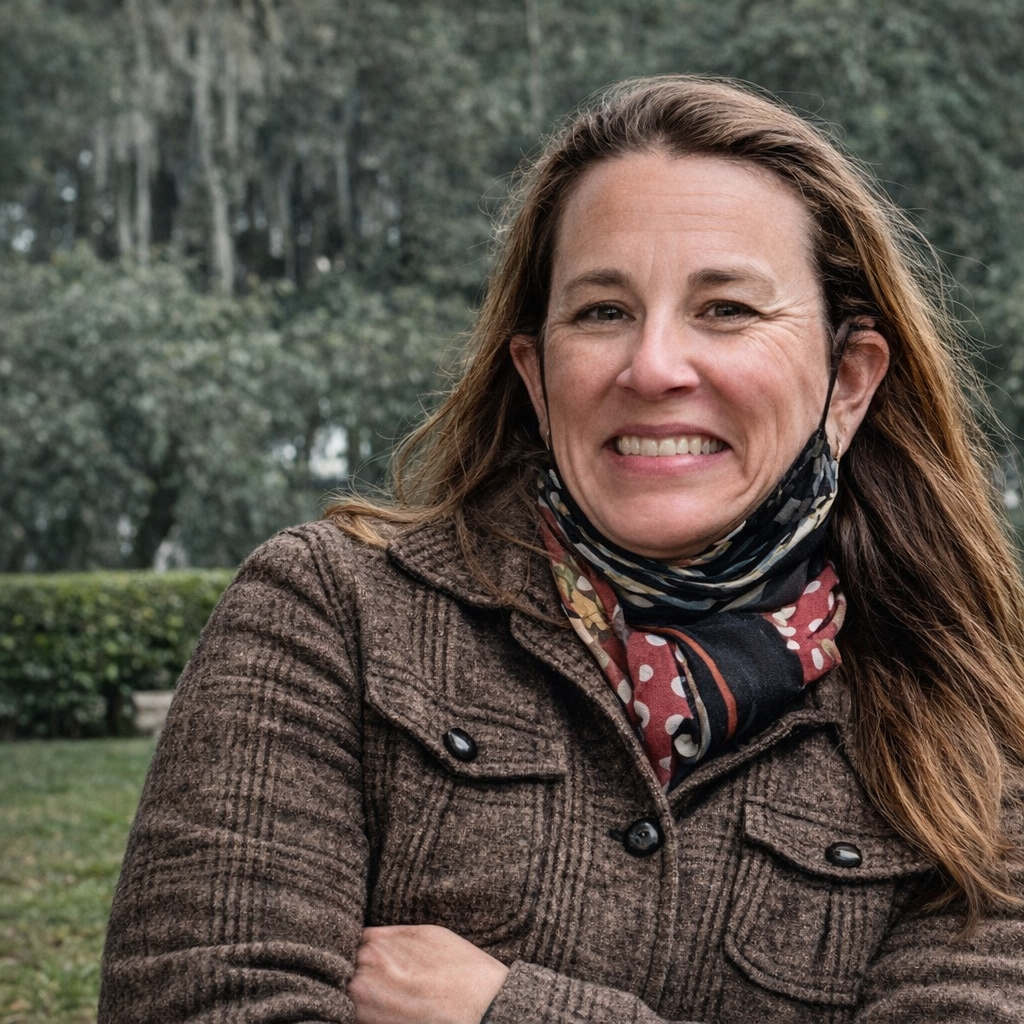 Catherine Harrison Cobb with long, wavy hair smiling outdoors in a green, wooded area, wearing a Tulicarpa fox pattern capelet shawl.