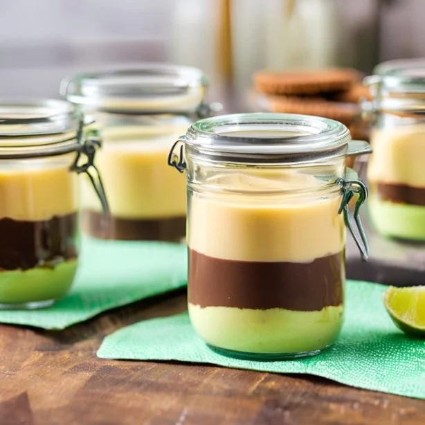 Layered dessert in glass jars, featuring layers of yellow and dark brown, possibly lemon and chocolate, on green napkins.